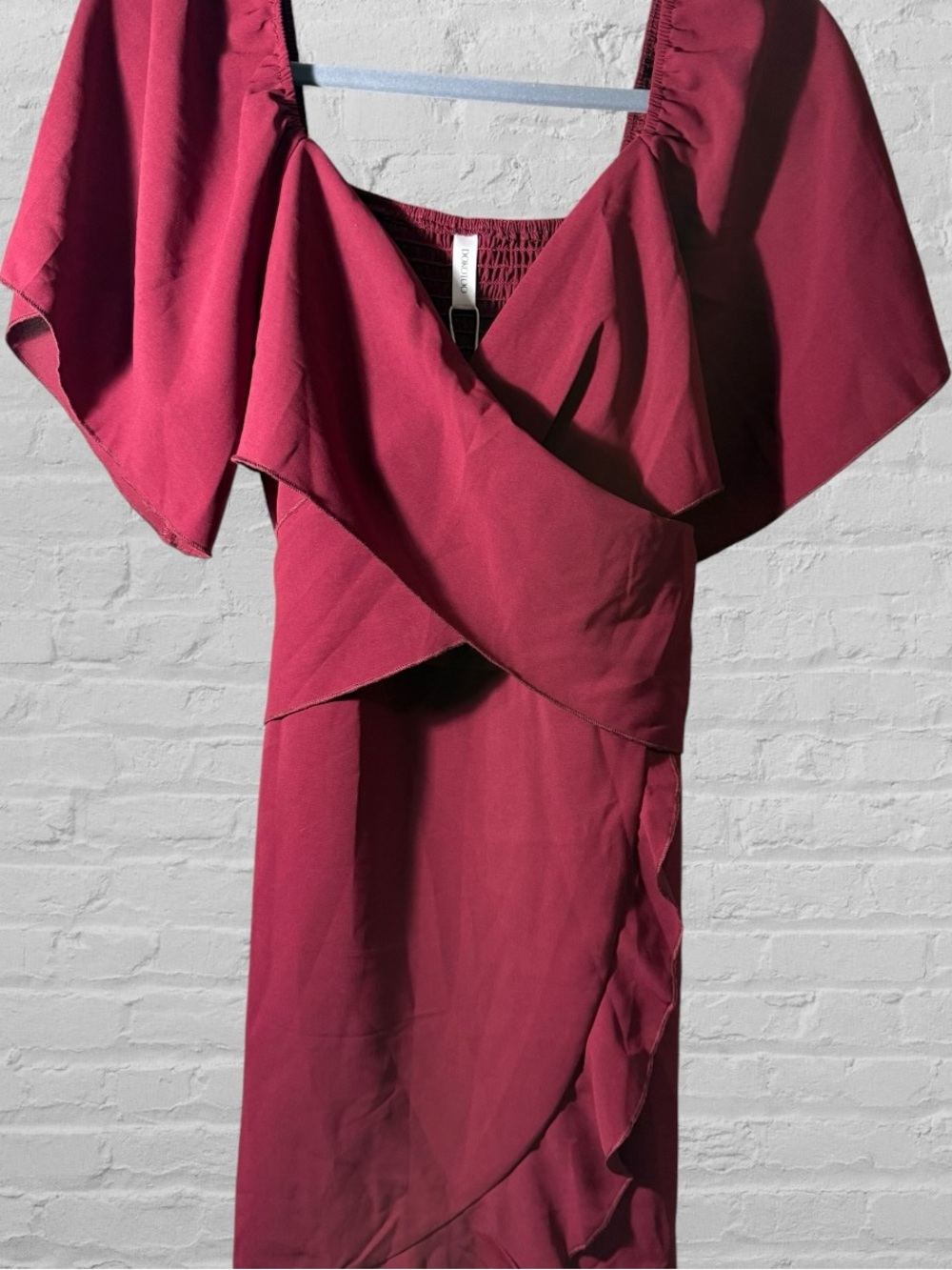 Off-Shoulder Ruffle Wrap Midi Dress in Wine